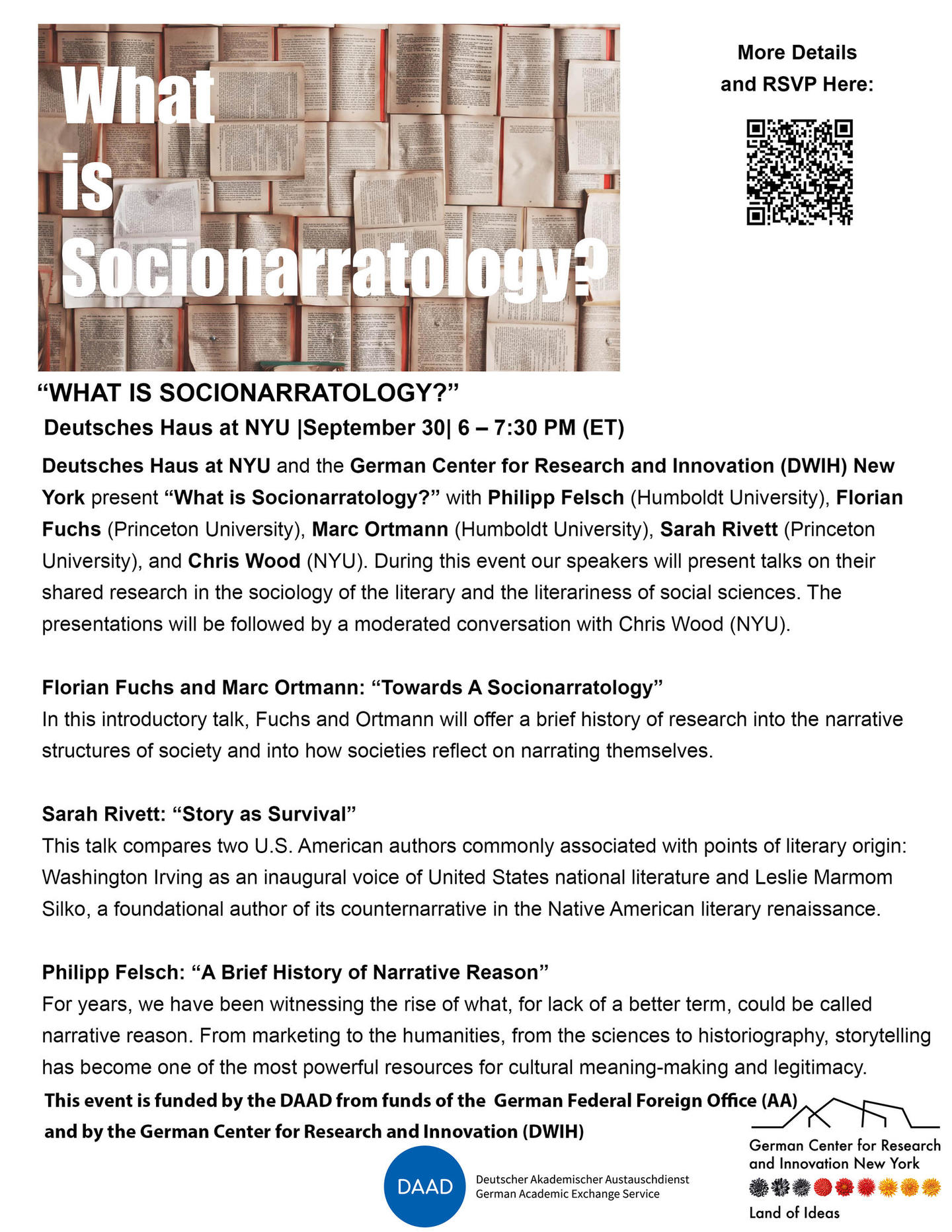 List of Speakers at the Socionarratology Event at NYU, Sept 30, 2025: Sarah Rivett, Philipp Felsch, Marc Ortmann, Florian Fuchs, Chris Wood